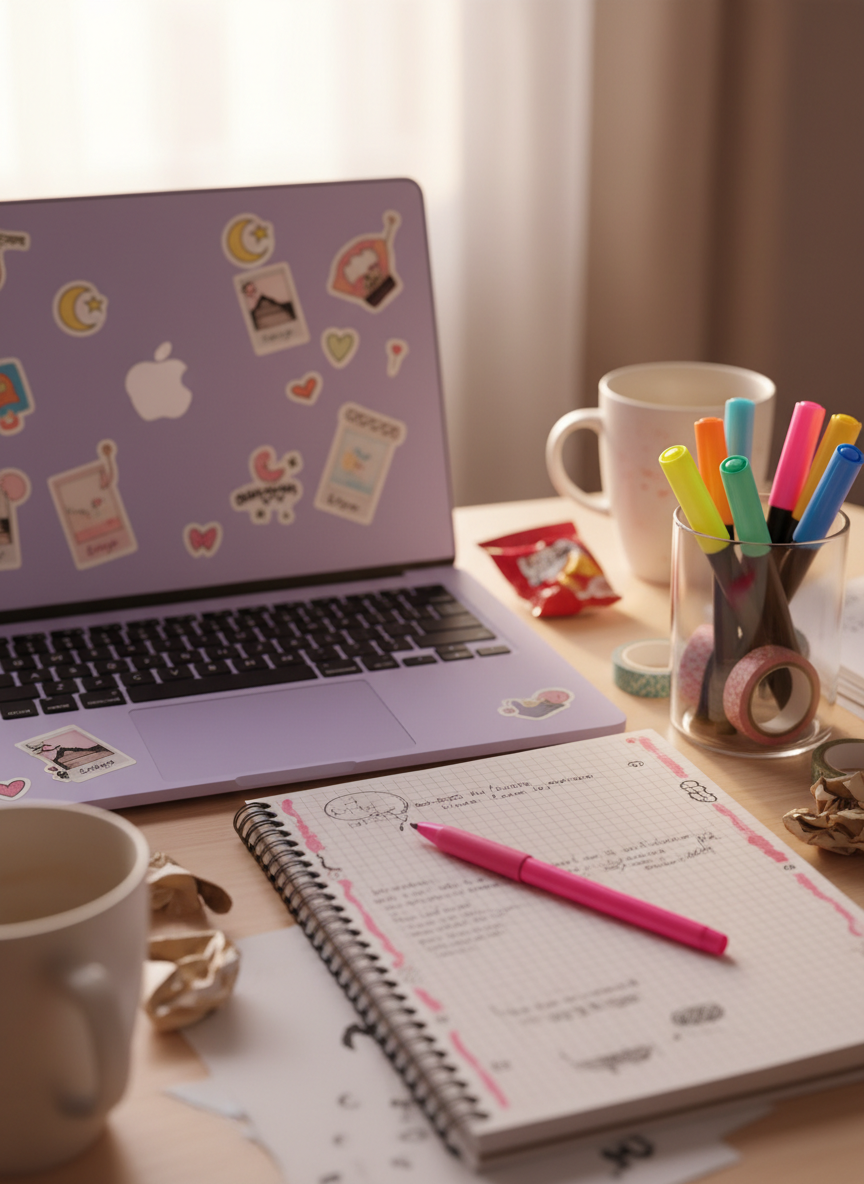 A slightly messy teenage-style desk with a pastel lavender laptop half-closed, its lid decorated with whimsical stickers—moons, polaroid frames, tiny scribbled hearts. Beside it, a spiral notebook with doodled margins lies open, a bright pink pen dropped diagonally across the page. A transparent cup overflowing with highlighters and washi tape sits to one side. Soft, diffused morning light from an unseen window washes the scene in a gentle glow, creating subtle reflections on the laptop surface. Shot in photographic realism from a slightly elevated angle, with shallow depth of field and a cozy, playful atmosphere that suggests a creative mind mid-thought, paused between typing and scribbling feelings.